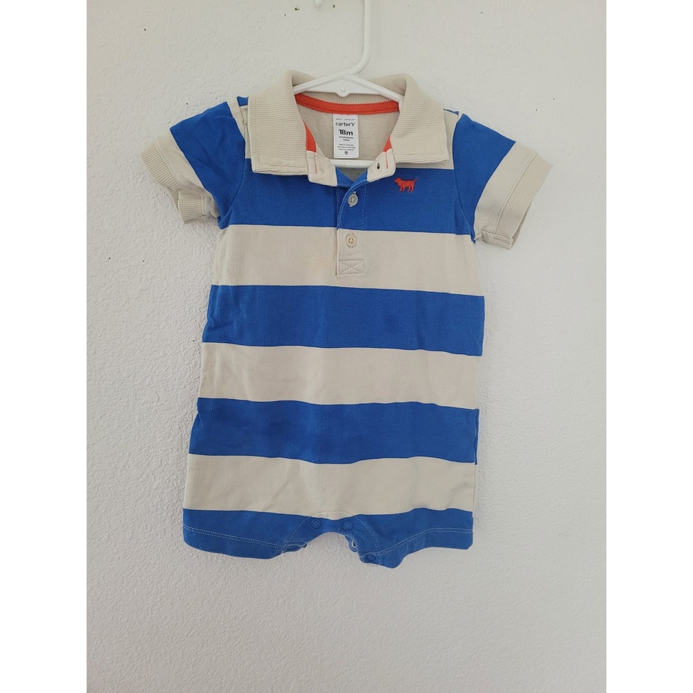 Carters Baby Boy‎ 18M Blue Cream Striped Short Sleeve Polo Romper Dog Logo #2